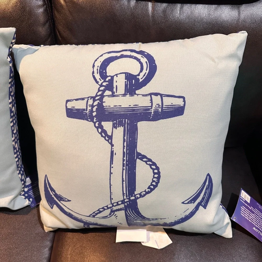 World Market Coastal‎ Anchor Outdoor Toss Pillow Set Nautical Beach Decor 17x17